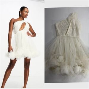 NWT Asos Lace and Beads one shoulder tulle mini dress cream ivory size UK 8